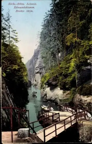 Ak Hřensko Herrnskretschen Elbe Region Aussig, Edmundsklamm, Breiter Stein