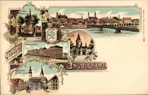 Wappen Litho Ingolstadt an der Donau Oberbayern, Friedens Kaserne, Rathaus, Kriegerdenkmal, Brücke