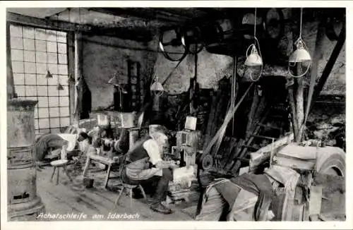 Ak Achatschleife am Idarbach, Schleifer, Werkstatt