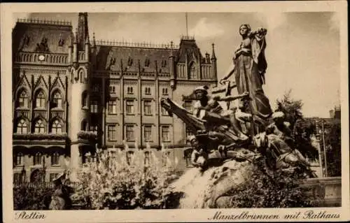 Ganzsachen Ak Szczecin Stettin Pommern, Manzelbrunnen, Rathaus