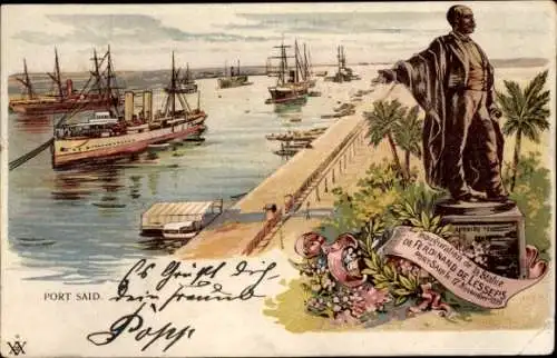 Litho Port Said Ägypten, Hafenpartie, Statue Ferdinand de Lesseps