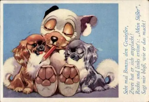 Sammelbild Lustige Bilder Nr. 172, Bonzo der Hund mit zwei Hundedamen