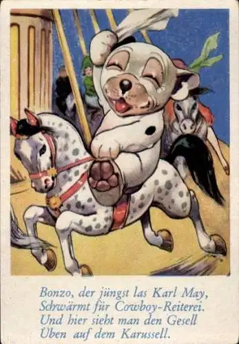 Sammelbild Lustige Bilder Nr. 169, Bonzo der Hund auf einem Karussell