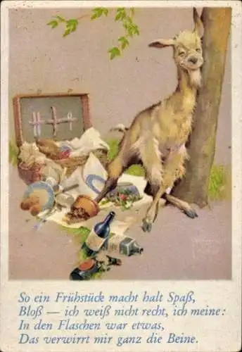 Sammelbild Lustige Bilder Nr. 150, Ziege reibt sich an einem Baum, Picknick