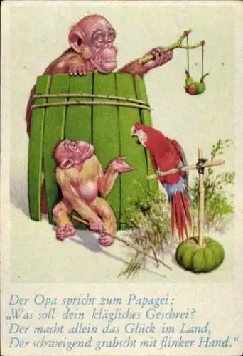 Sammelbild Lustige Bilder Nr. 74, Orang Utans und Papagei, Schleuder