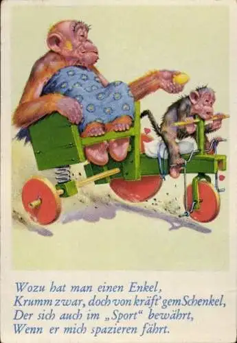 Sammelbild Lustige Bilder Nr. 73, Orang Utan und Schimpanse auf einem Dreirad mit Beiwagen