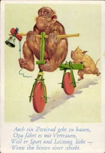 Sammelbild Lustige Bilder Nr. 70, Orang Utan und Schwein mit Dreirad