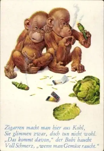 Sammelbild Lustige Bilder Nr. 65, Orang Utans rauchen Zigarren aus Kohl