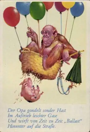 Sammelbild Lustige Bilder Nr. 67, Orang Utan in einem Korb, Luftballons, Schwein