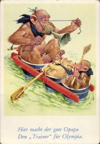 Sammelbild Lustige Bilder Nr. 5, Orang Utans und Schwein in einem Boot aus Holzeimern