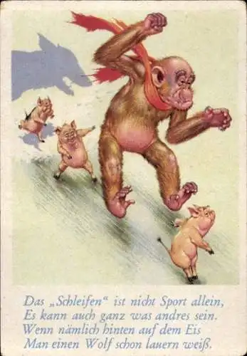 Sammelbild Lustige Bilder Nr. 11, Orang Utan und Schweine, Schatten von einem Wolf