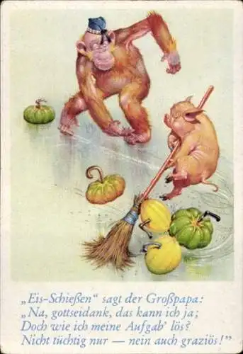 Sammelbild Lustige Bilder Nr. 12, Orang Utan und Schwein beim Eisstockschießen mit Gemüse