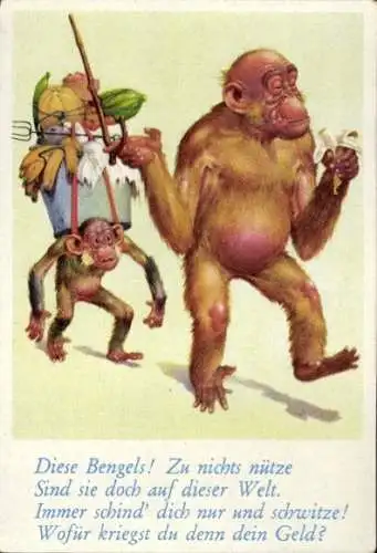 Sammelbild Lustige Bilder Nr. 46, Orang Utan, Schimpanse trägt Gemüse