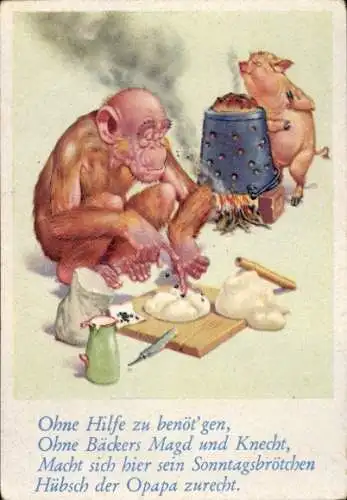 Sammelbild Lustige Bilder Nr. 39, Orang Utan und Schwein als Bäcker