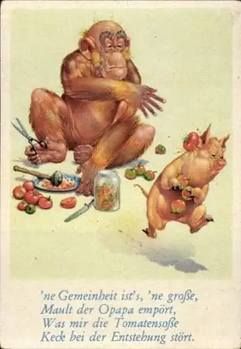 Sammelbild Lustige Bilder Nr. 42, Orang Utan und Schwein kochen Tomatensoße