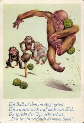 Sammelbild Lustige Bilder Nr. 16, Orang Utan und Schimpansen beim Ballspiel