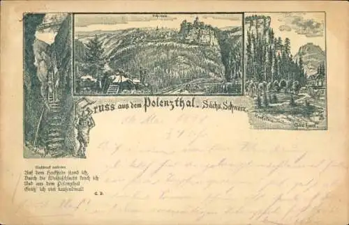 Litho Hohnstein Sächsische Schweiz, Hockstein im Polenztal, Gasthaus