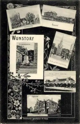 Ak Wunstorf in Niedersachsen, Bahnhof, Stiftskirche, Kriegerdenkmal, Schule, Lehrerseminar