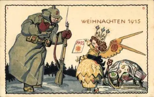 Künstler Ak Kriegsweihnacht 1915, Soldat auf Wachtposten, Engel mit Pass, Bahlsens Leibniz Keks