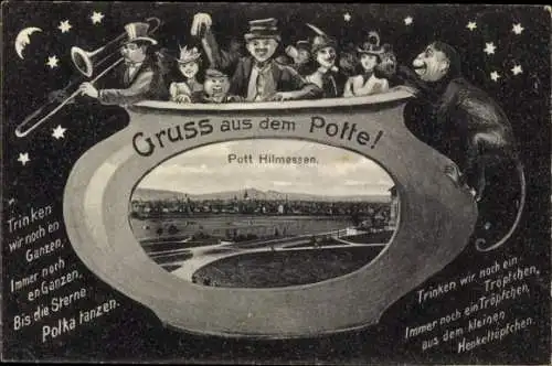 Ak Hildesheim in Niedersachsen, Gesamtansicht, Pott mit Musikanten und Affen