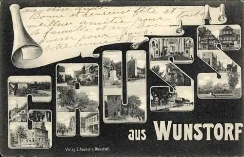 Buchstaben Ak Wunstorf in Niedersachsen, Teilansichten, Kirche, Denkmal, Straßenpartie