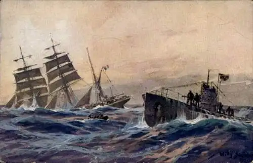 Künstler Ak Stöwer, Willy, Deutsches U Boot versenkt französische Bark, Atlantik, U-Boot Spende 1917