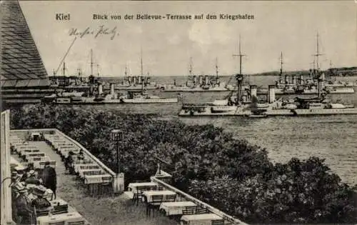 Ak Kiel in Schleswig Holstein, Blick von der Bellevue-Terrasse auf den Kriegshafen, Kriegsschiffe