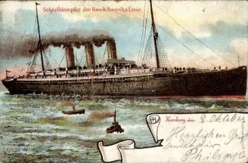 Künstler Ak HAPAG, Schnelldampfer in Fahrt,Schleppboote