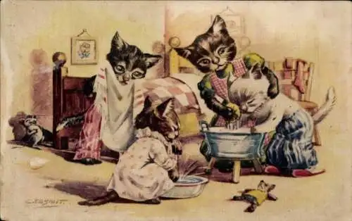 Künstler Ak Smit, C., Katzenmutter wäscht ihre Kinder vorm Schlafengehen