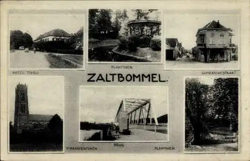 Ak Zaltbommel Gelderland, Park, Brücke, Hotel Tivoli, Gamerschestraat, St. Maartentoren