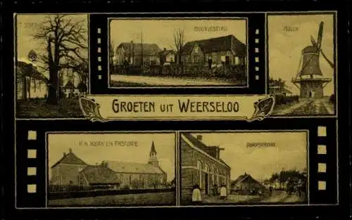 Passepartout Ak Weerselo Overijssel, Kirche, Pastorei, Windmühle, Dorfstraße