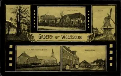 Passepartout Ak Weerselo Overijssel, Kirche, Pastorei, Windmühle, Dorfstraße