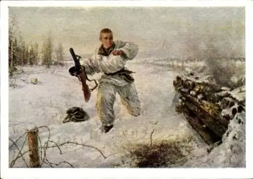 Künstler Ak Pamfilow, W. E., Aleksandr Matrosow, Held der Sowjetunion, Maschinenpistole PPSch-41