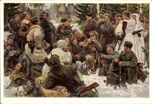Ganzsachen Künstler Ak Neprintsew, Ruhe nach dem Kampf, russische Soldaten bei der Rast