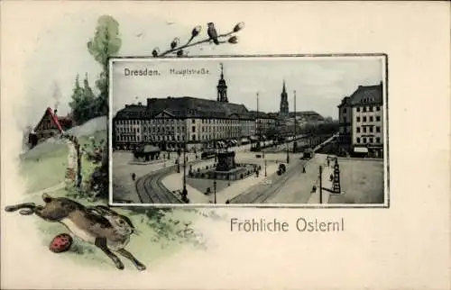 Passepartout Ak Dresden Neustadt, Hauptstraße, Denkmal, Frohe Ostern, Osterhase