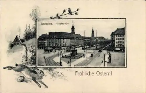 Passepartout Ak Dresden Neustadt, Hauptstraße, Denkmal, Frohe Ostern, Osterhase