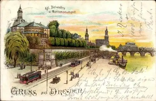 Litho Dresden Altstadt, Kgl. Belvedere, Moritzmonument