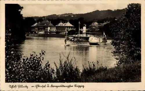 Ak Dresden Pillnitz, Konzertdampfer Leipzig, Elbinsel, Schloss Pillnitz