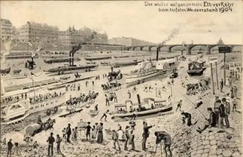 Künstler Ak Dresden, der wieder aufgenommene Schiffsverkehr auf der Elbe, tiefster Wasserstand 1904