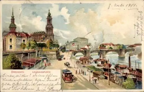 Litho Dresden Altstadt, Landungsplatz, Dampfer, Straßenbahn