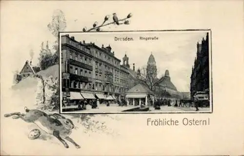 Passepartout Ak Dresden, Ringstraße, Frohe Ostern, Osterhase
