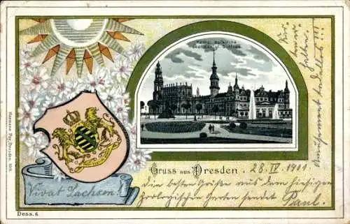 Passepartout Wappen Litho Dresden Altstadt, Katholische Hofkirche, Königliches Schloss