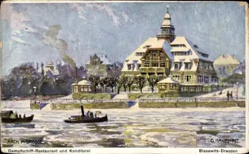 Künstler Ak Hänel, G., Dresden Blasewitz, Dampfschiff-Restaurant und Konditorei, Winter