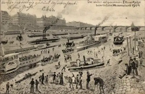 Künstler Ak Dresden, Wiederaufnahme des Schiffsverkehrs auf der Elbe, tiefster Wasserstand 1904