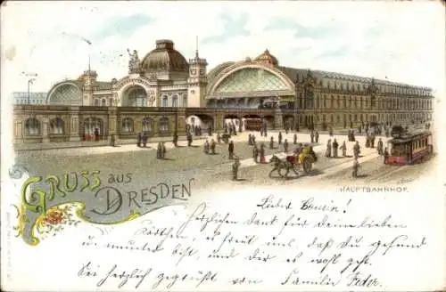 Litho Dresden Altstadt Seevorstadt, Hauptbahnhof, Straßenbahn