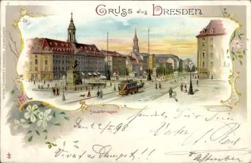 Passepartout Litho Dresden Neustadt, Hauptstraße, Denkmal, Straßenbahn