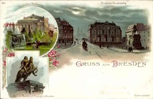 Litho Dresden Neustadt, Neustädter Hoftheater, Neustädter Hauptwache, Denkmal August der Starke