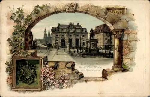 Präge Wappen Passepartout Litho Dresden Neustadt, Neustädter Markt, Blockhaus, Denkmal