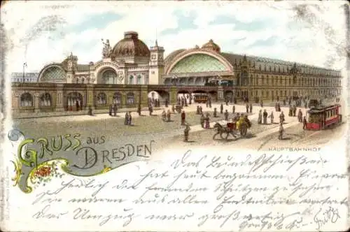 Litho Dresden Altstadt Seevorstadt, Hauptbahnhof, Straßenbahn