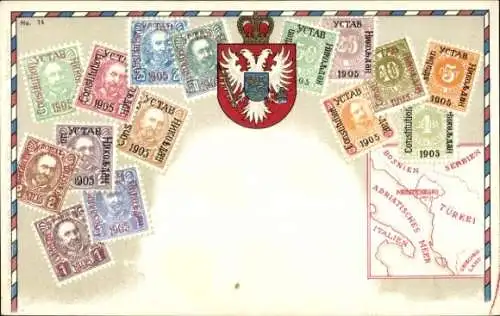 Briefmarken Litho Montenegro, Wappen, Landkarte